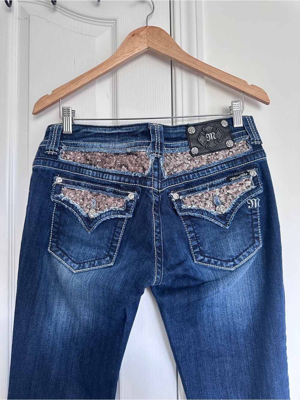 Miss Me Dark Blue Boot Cut Jeans with Rose Gold Sequin Trim